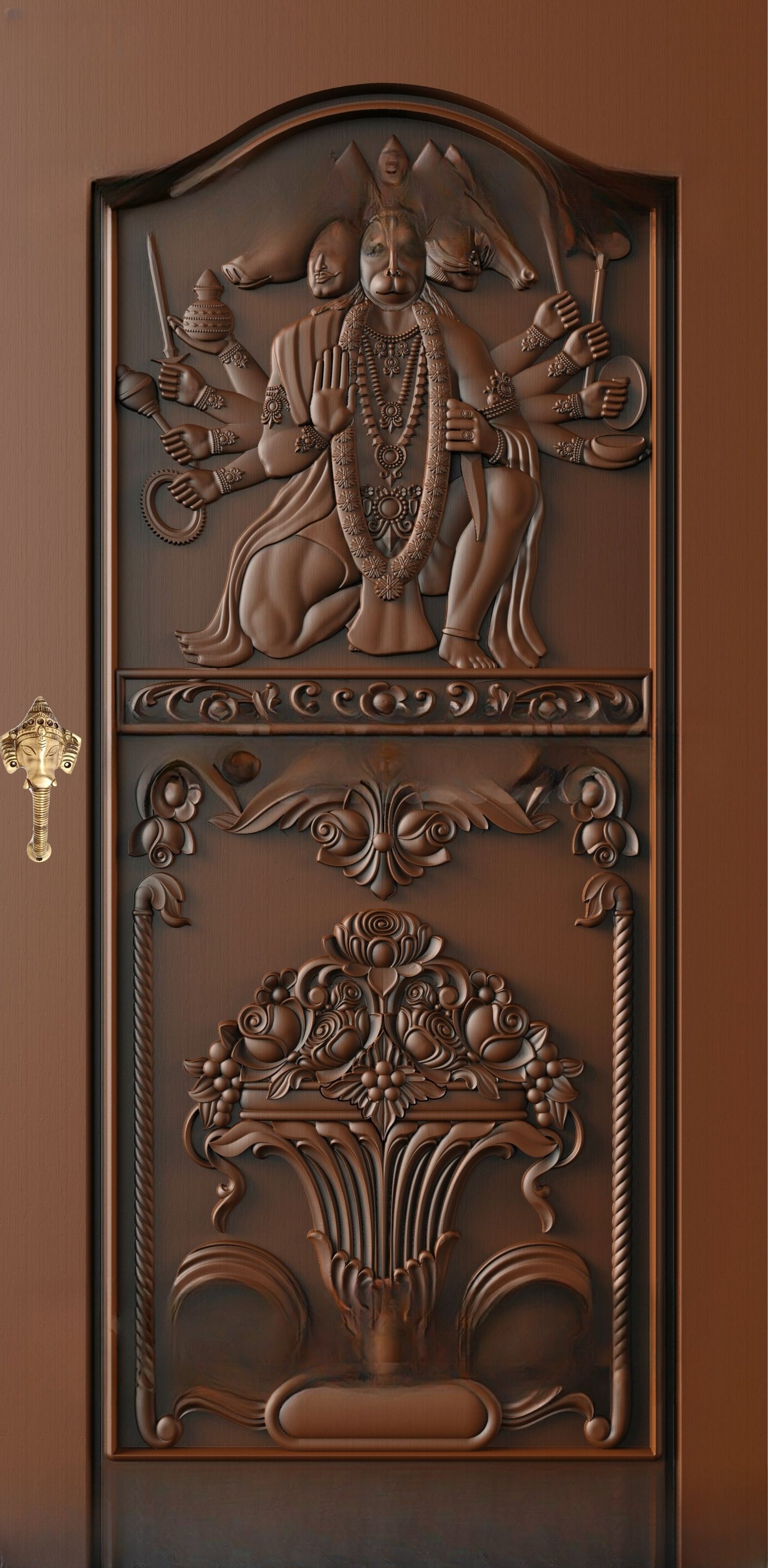 God Doors - GD-47 Panchmukhi Hanuman Divine Relief Carved Door 3D Model